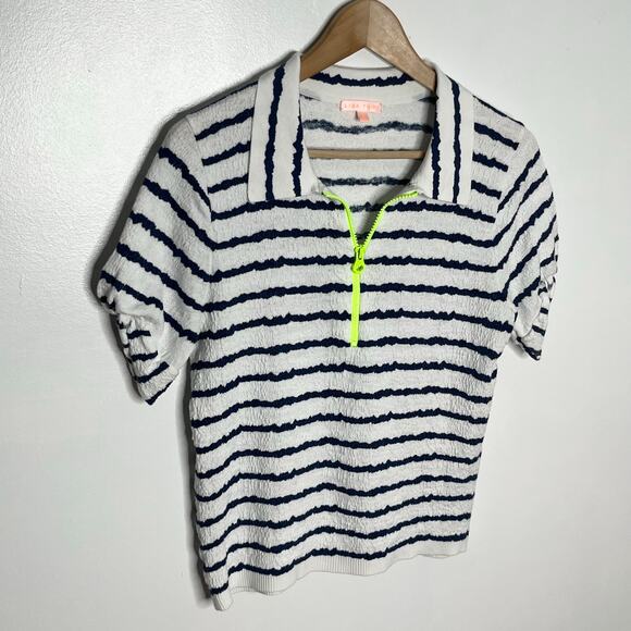 Lisa Todd Short Sleeve Get In Line Top Womens Small Navy Stripe Polo Preppy - Picture 3 of 12